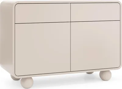 A light beige sideboard with rounded edges and spherical legs, shown against a white background.