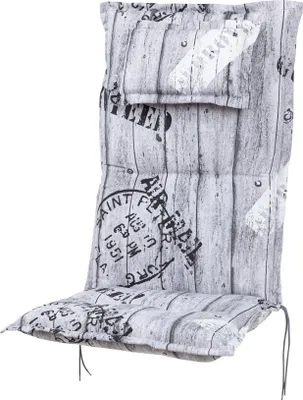A high-back chair cushion with a wood-grain and stamp-like pattern.