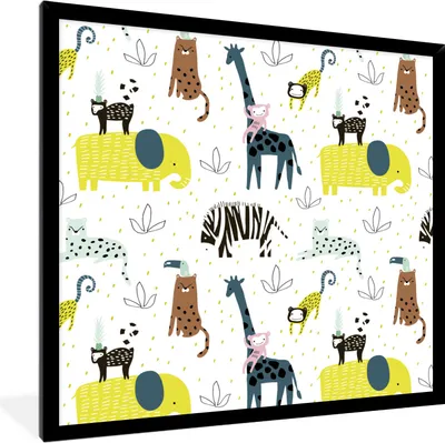 Produktbild von MuchoWow® MuchoWow® Gerahmtes Poster Dschungel - Giraffe - Affe 40x40 cm - Poster mit zchwarzem Bilderrahmen - Mit Rahmen - Wanddekoration Schlafzimmer