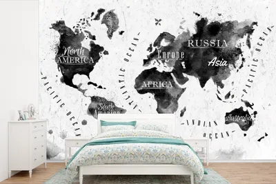 Produktbild von MuchoWow® Fototapete für Wohnzimmer oder Schlafzimmer Wandtapete Vinyl Motivtapete Weltkarte - Aquarell - Schwarz - Weiß - 600x400 cm - Vinyltapeten