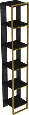 A tall, narrow bookshelf with black marble-effect sides and gold metal frame.