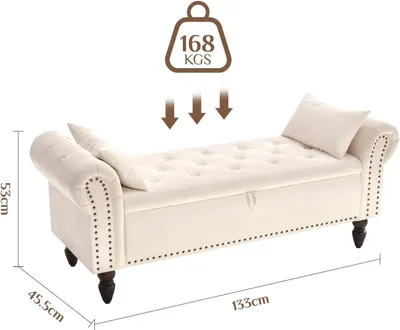 Obrázek produktu pro Sametová úložná lavice - Čalouněná lavice s područkami - Délka 133 cm - Velký úložný prostor - Kovová konstrukce - Lavice jako postel do ložnice a obývacího pokoje - Béžová barva