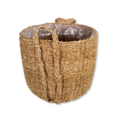 Produktbild von Seegras Korb Topf rund natur Ø 40 x 35cm mit Einsatz und Henkel Blumentopf geflochten Aufbewahrungskorb Übertopf Blumenkorb