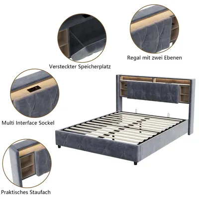Immagine prodotto di Letto imbottito - 160 x 200 cm - Contenitore con sistema di sollevamento idraulico - Rivestimento in velluto - Testiera illuminata a LED - Cassetti portaoggetti - Grigio