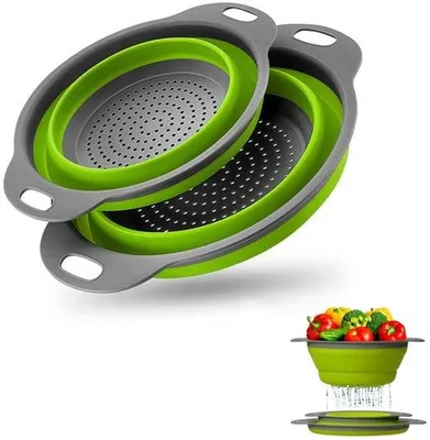 Produktbild von Unyqoos® 2er-Set faltbare Silikon-Siebe für Küche – platzsparende Abtropfsiebe mit Griff, lebensmittelecht, hitzebeständig bis 230°C