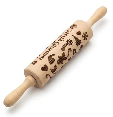 Produktbild von PEEWIT Nudelwalker mit Weihnachtsmuster 38 cm aus Buchenholz – Prägenudelholz Merry Christmas für Weihnachtskekse und Lebkuchen