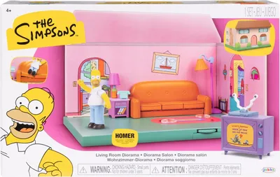 The image shows the packaging of a Simpsons Living Room Diorama playset, featuring Homer Simpson and the iconic living room.