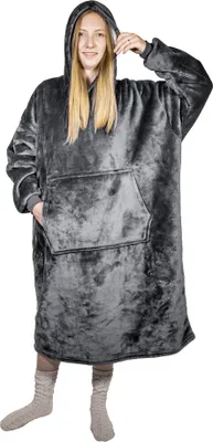 Produktbild von Grauer TV-Poncho mit Kapuze - Pelzbesatz, warm, lange Ärmel, große Tasche