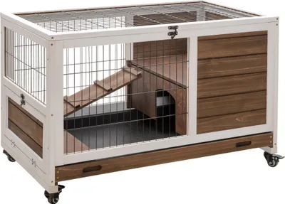 Produktbild von PawHut Kaninchenkäfig aus Holz für kleine Haustiere, tragbar für den Innenbereich, mit Dachrampe zum Öffnen, abnehmbares Tablett für Meerschweinchen, 90 x 53 x 59 cm, braun