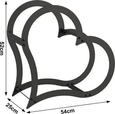 A black metal heart-shaped firewood rack with dimensions indicated.