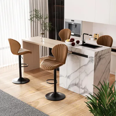 Produktbild von Barhocker 4er Set Höhenverstellbar mit Lehne Stoff Braun 360° Drehbar Fußstütze