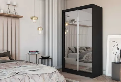 Zdjęcie produktu dla AGMAT Lores szafa z drzwiami przesuwnymi, Szafa z 2 drzwiami, Nowoczesna szafa w kolorze: Czarny, Szafa w rozmiarze: 120 x 216 x 61 cm