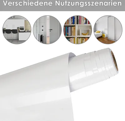 A collage of four circular images showing different interior design scenarios above a roll of white adhesive film.