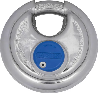 A close-up, front-facing view of a disc padlock.