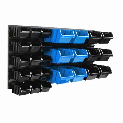 A wall-mounted storage system with multiple black and blue bins.