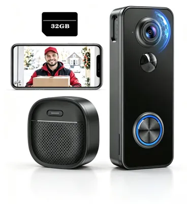 Productafbeelding van WLAN-videodeurbel met camera, 2K HD, draadloos, met deurbel, 32GB opslag, nachtzicht, PIR-sensor voor bewegingsdetectie en gezichtsherkenning