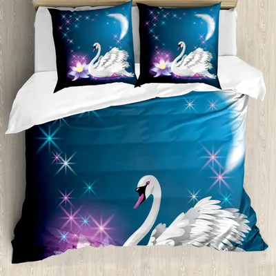 Produktbild von ABAKUHAUS Schwan Bettbezug Set, Magische Lilie Und Feenhafte Schwan Nachts Schwimmen Im See Unter Mond Und Stern Bild, 200 x 200 cm + 80 x 80 cm, Blau Weiss