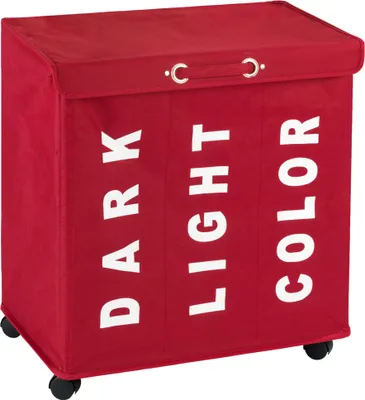 A red laundry sorter with three compartments, labeled 'DARK', 'LIGHT', and 'COLOR'. It has a lid and wheels.