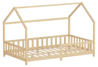 Obrázok produktu pre Detská posteľ ML-Design 120 x 200 cm s ochrannou bočnicou, strieškou a roštom, posteľ Montessori v prírodnom štýle z masívneho borovicového dreva, posteľ v tvare domčeka pre dievčatá a chlapcov