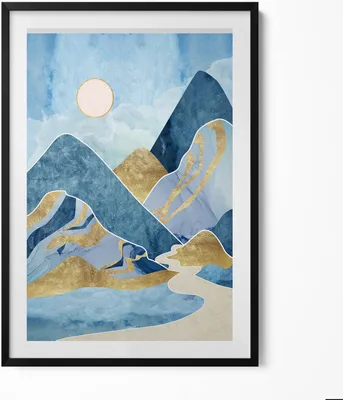 Produktbild von Abstrakte Landschaft mit Bergen und Sonnenschein– Wandbild mit Rahmen – Gerahmtes Bild  – Wanddekoration – 70x100 cm –  Schwarz Rahmen