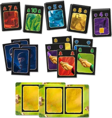 A collection of cards for the board game Lost Cities, laid out on a white background.