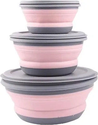 Produktbild von Tragbare Camping Faltbare Schüssel,Salatschüssel Mit Covers,Camping Reise Silikon Schüssel 3 PCS Faltbare Frischhalteboxen zum Wandern,Reisen,Rosa