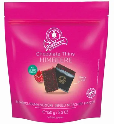 Produktbild von Halloren Chocolate Thins Raspberry mit Himbeerzubereitung Packung 150g