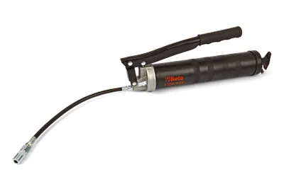 A professional studio shot of a grease gun on a white background.