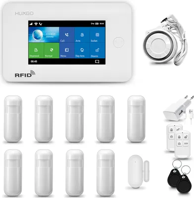 Produktbild von HUXGO HXA006 Alarmanlage Haus WiFi + GSM 4G LTE mit Sirene, Alarm System mit 9x Bewegungssensor und 1x Tür- Fenstersensor, Alarmanlage für Wohnung, Haus, Garage, Tuya Smartlife App