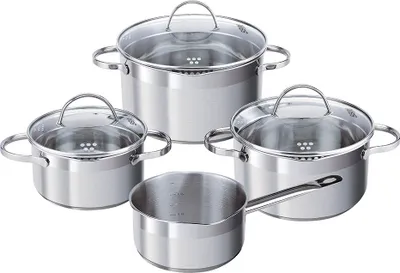 Produktbild von SSW Kochtopfset 7-teilig, Töpfe Pfannen Kasserolle Induktion, Thermo-Sandwichboden, Edelstahl seidenmatt, spülmaschinengeeignet, 1,7L 3,1L 5L, ø 160 200 240 mm