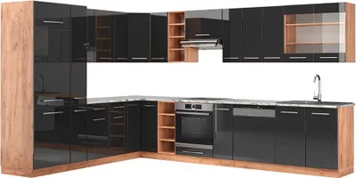 Produktbild von Eckküche Vicco Fame-Line Anthrazit Hochglanz/Goldkraft Eiche 347 x 60 cm , AP Marmor, Model 47337