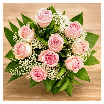 Produktbild von Großer Rosenstrauß - 10 rosa Rosen und Schleierkraut - Blumenstrauß mit er Grußkarte