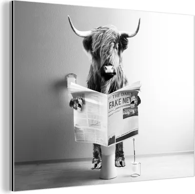 Produktbild von MuchoWow Wanddekoration Metall Metallbild Wandkunst 80x60 cm Schottisches Hochlandrind - WC - Zeitung - Lustig - Tier MuchoWow Aluminium Gemälde - Alubild