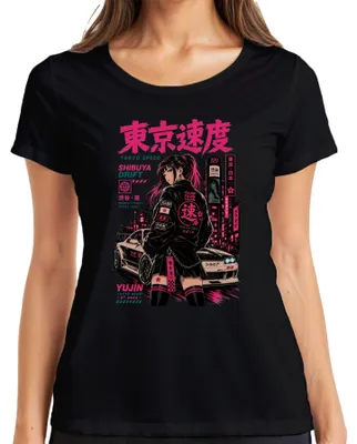 Zdjęcie produktu dla Koszulka damska "Tokyo Speed Shibuya Drift Anime Girl JDM Midnight Japan Y2K", kolor: czarny, rozmiar: S