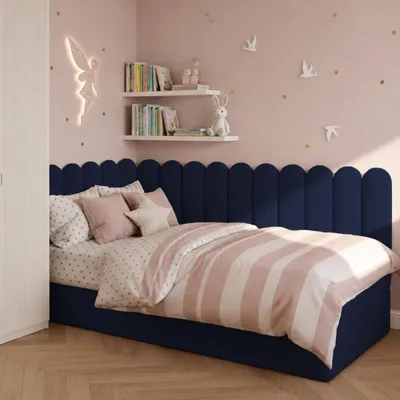 Productafbeelding van Boxspringbed JUNIOR, 90x200 cm, marineblauw, met gestoffeerde wandpanelen, een handige opbergruimte en een matras met Bonell-vering