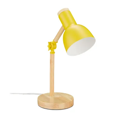 Image de Lampe de bureau Relaxdays, lampe de table rétro réglable, bois et métal, douille E14, lampe de lecture, 45,5 x 14,5 cm, jaune