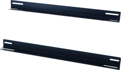 Two black metal rack rails are shown against a white background.