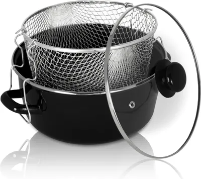A black enamel deep fryer pot with a wire basket and a glass lid, shown on a white background with reflections.