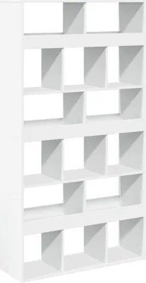 A white, multi-compartment bookshelf against a white background.