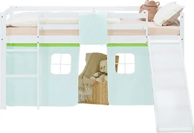 Produktbild von Homestyle4u Hochbett 90x200 Kinder Rutsche Vorhang grün Kinderbett Spielbett
