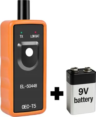 A TPMS programmer tool and a 9V battery are shown against a white background.
