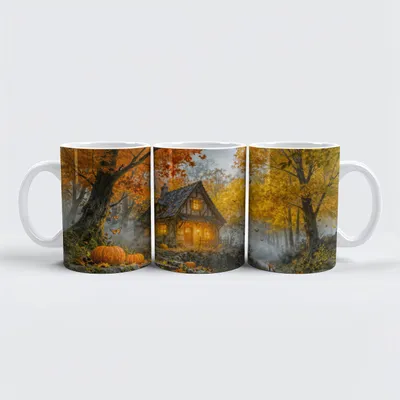 Produktbild von raxxa Premium-Tasse "Autumn Forest Cottage with forest animals and Mushrooms Artwork"