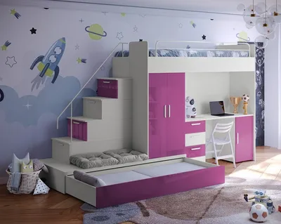 Produktbild von Etagenbett TOMI 5, Doppelstockbett Hochglanz Kinderbett Hochbett, MIT Matraze und Lattenrost (Cashmere + Rosa, Glanz)
