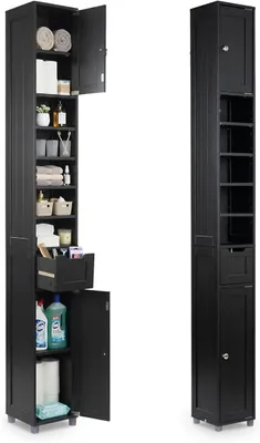 Image de Armoire de salle de bain haute avec 2 portes et 1 tiroir, armoire de salle de bain étroite, meuble haut de salle de bain, dimensions 20x20x180 cm, couleur noire