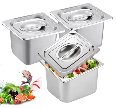Produktbild von Set aus 3 1/6 Zoll Edelstahl-GN-Behältern mit Deckel – Höhe 10 cm – Catering-Behälter zur Aufbewahrung von Speisen, zum Dämpfen oder zur Verwendung in Chafing Dishes