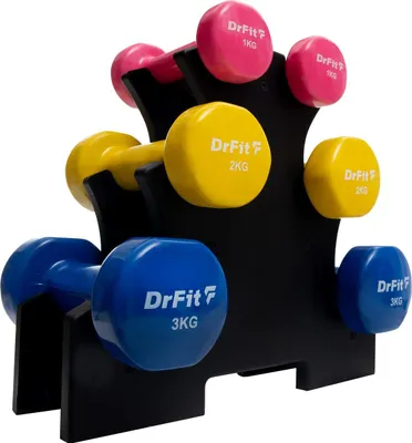 Zdjęcie produktu dla Dr Fit Zestaw 6 hantli 12 kg (2x1 kg różowy, 2x2 kg żółty, 2x3 kg niebieski) + stojak