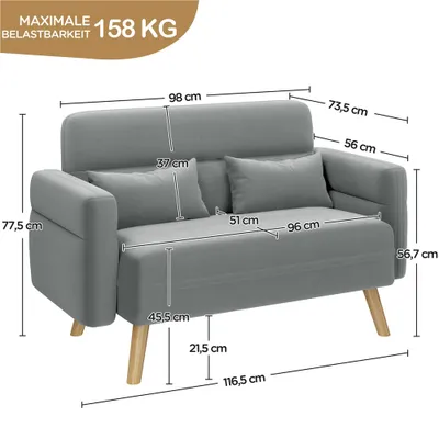 Produktbild von Yaheetech Loveseat Sofa hellgrau, 2 Lendenkissen, Holzbeine, Polyester Bezug, 158 kg Tragkraft, unter 1 m² Stellfläche