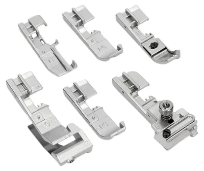 A collection of six sewing machine presser feet arranged on a white background.