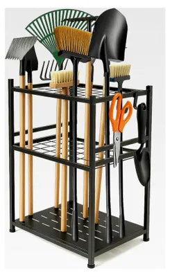 Produktbild von Metallischer Gartenwerkzeug-Ständer – Platz für 35 Werkzeuge, höhenverstellbar und kompakt | Ordnungssystem für Garage, Schuppen und Garten | Mit Haken für Rechen, Besen und mehr | Robustes schwarzes Design