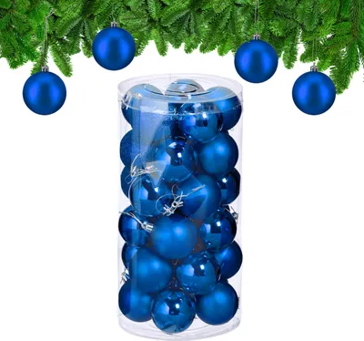 Productafbeelding van Relaxdays kerstballen, set van 30, kunststof, diameter: 6 cm, ronde kerstdecoratie voor de kerstboom, kerstversiering, breekvaste, blauw